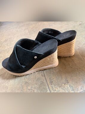 UGG Black Suede Braided Espadrille Wedge Sandals